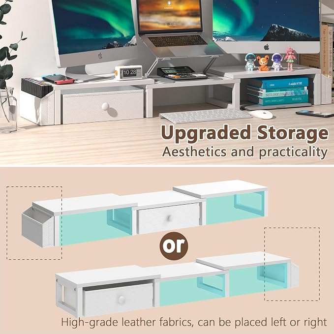 LAND·VOI Heavy Duty Dual Monitor Stand, Holds 2 Screens Up to 27 Inches, Adjustable Length and Angle Monitor Riser, Desk Organizer with Side Pockets and Drawers, Home Office Desk Storage, White - Image 3