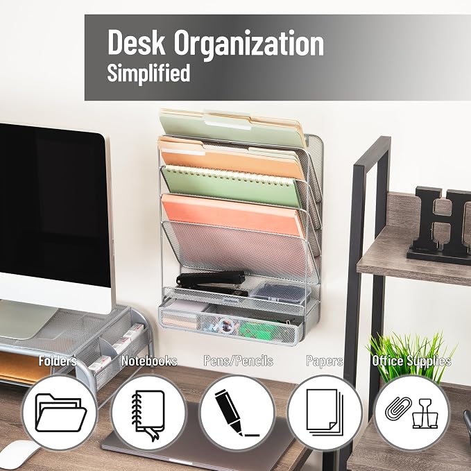 Mind Reader 4-Tier Vertical File Storage, Desktop Organizer, Wall Mount, Office, Metal Mesh, 12.5"L x 4"W x 16.5"H, Silver - Image 2