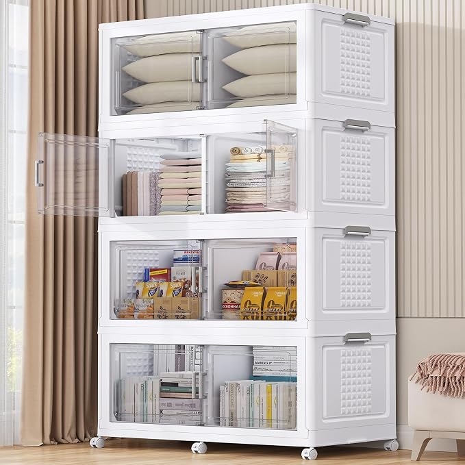 200Gal XL Stackable Storage Bins Foldable Box Cabinet for Home 4Pack White | Extra Large Plastic Boxes with Dividers Multi-Compartment Collapsible Closet Organizers and Storage Cabinet with Wheels Door by BROVIEW-EnjoytheArtofLife