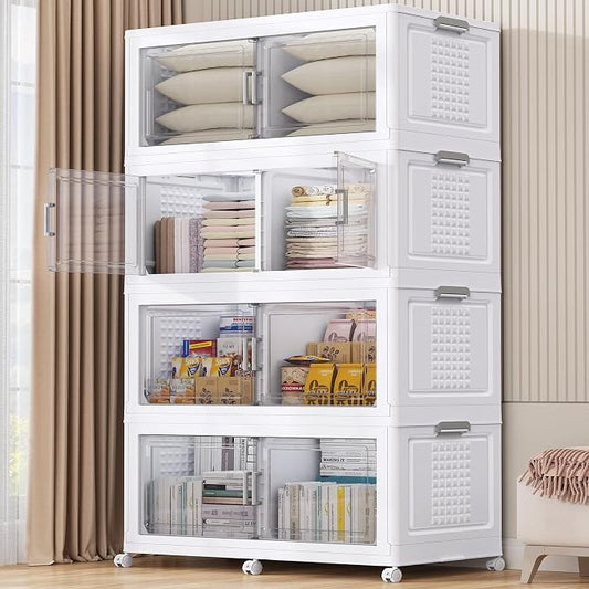 200Gal XL Stackable Storage Bins Foldable Box Cabinet for Home 4Pack White | Extra Large Plastic Boxes with Dividers Multi-Compartment Collapsible Closet Organizers and Storage Cabinet with Wheels Door by BROVIEW-EnjoytheArtofLife