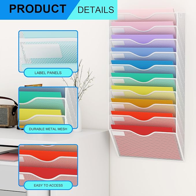 10 Pockets Hanging Wall File Organizer Mail Holder, Wall Mounted Paper Document Folder Holder, Clipboard Storage Organization Magazine Rack, White - Image 4