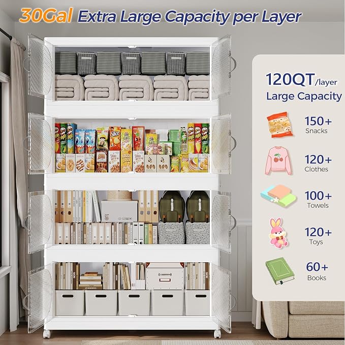 360QT Extra Large Stackable Storage Bins with Lid, 90Gal Plastic Closet Organizers and Storage Drawer, Collapsible Cabinet Box with Wheels Clear Doors for Home Kitchen Garage, 3Pack White - Image 3