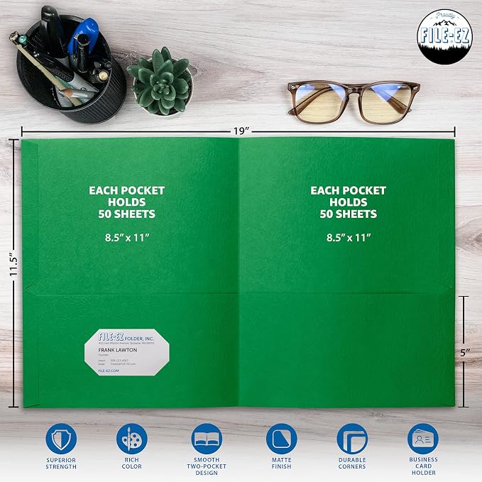 FILE-EZ Two-Pocket Folders, Green, 125-Pack, Textured Paper, Letter Size (EZ-32460) - Image 2