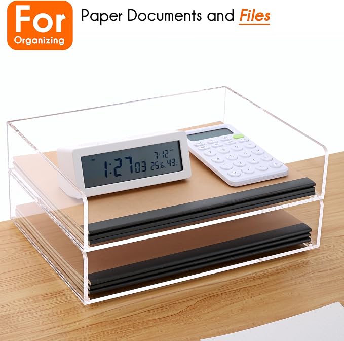 HeZone Paper Organizer, 2 Tier Stackable A4 Size Acrylic Letter Tray, Office/Home/School Organization - Clear - Image 2