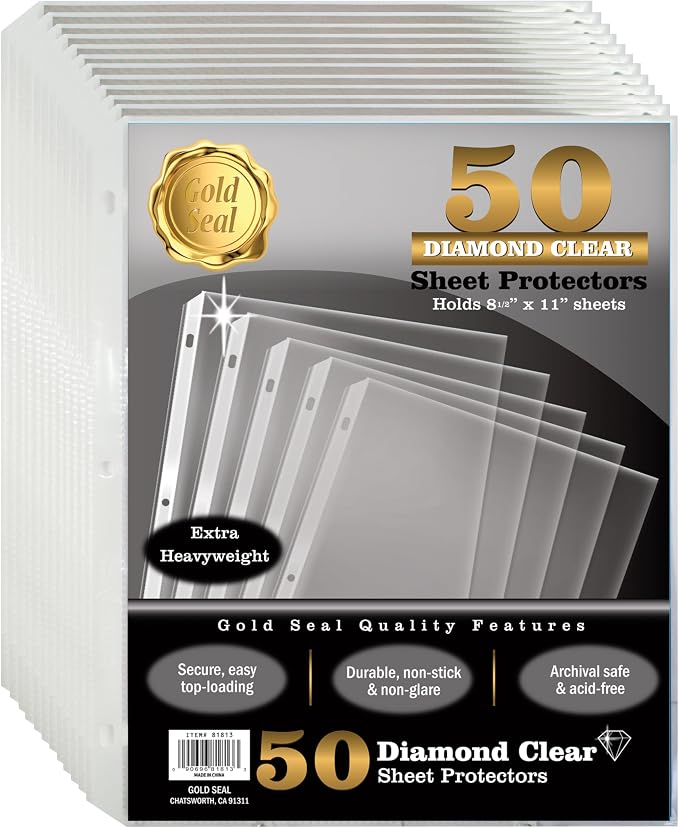 GOLD SEAL 50 Count Diamond Clear Extra Heavyweight Sheet Protectors, 4 mils Strong, to fit 8.5 x 11, Top Load, 50 Pack by GOLDSEAL