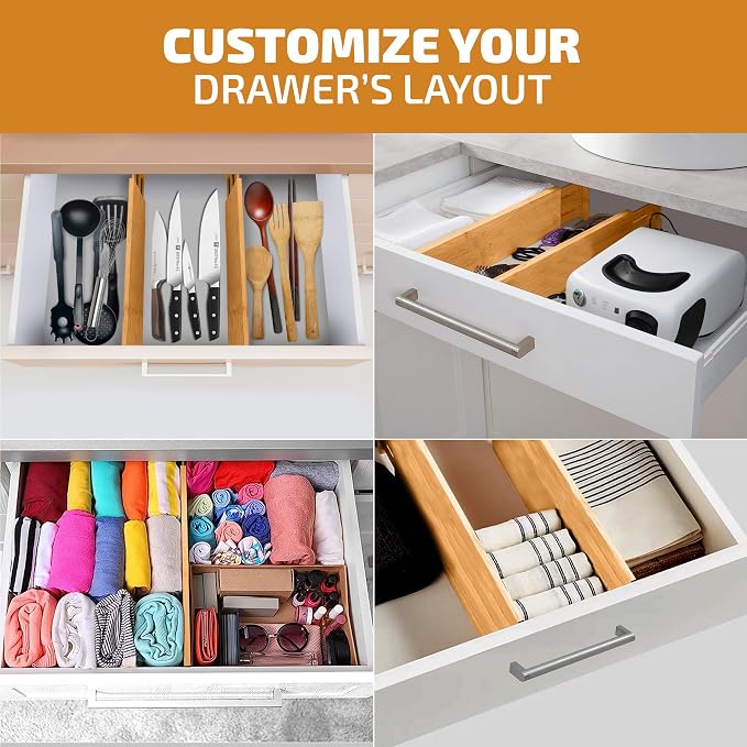6-Pack Drawer Dividers 6-Inch High Dresser Drawer Organizer 11.5 to 17 Inch | Bamboo, Spring Loaded, No Tools Needed, for Clothes, Utensils, Socks and Deep Drawers in Bedroom, Bathroom, Kitchen, Office - Image 4