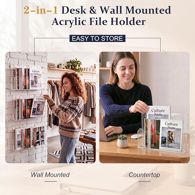 2 Pack Scalloped Acrylic Magazine File Holder Wall Mount Self Adhesive, 13 x 9.5 Inch Brochure Holder for A4 Pocket Storage Letter Folders Mail Organizer Literature Display - Image 7