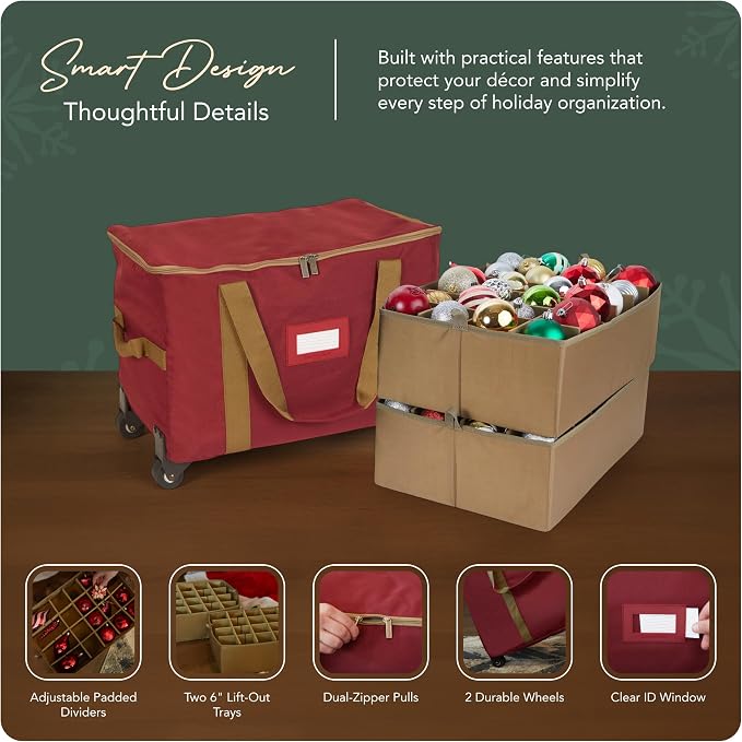 Covermates Keepsakes Rolling Adjustable Ornament Storage Bag – Heavy-Duty Polyester, FlexGrid Trays & Padded Dividers – Protective Holiday Organizer with Wheels, Handles & ID Window, Red - Image 4