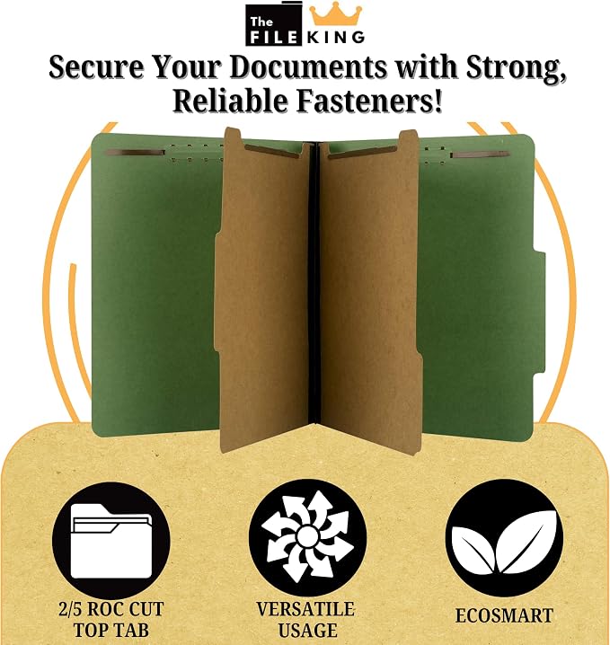The File King Two Divider Pressboard Classification Dark Green File Folder - Letter Size | Box of 10 | 2/5 ROC Top Tab | 2” Expansion | Six 2-Inch Fastener Prongs | Made in America - Image 3