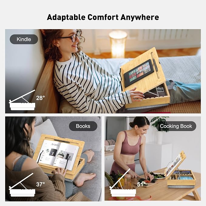 AboveTEK Book Stand for Reading with Storage, Adjustable Bamboo Book Holder with Soft Lap Cushion, Cookbook Stand, Hands-Free Book Reading Stand for Bed, Desktop & Kitchen Counter - Image 8