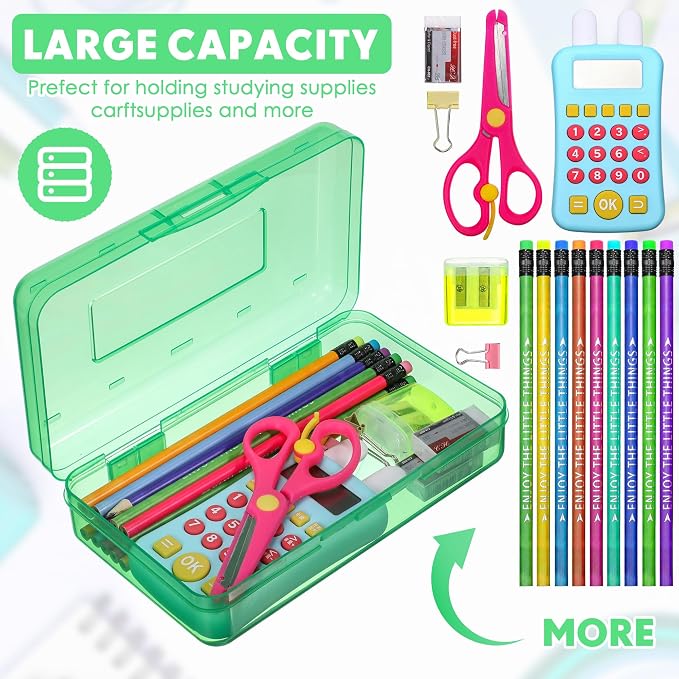 Fainne 24 Pack Pencil Boxes for School Clear Plastic Pencil Case Large Plastic Crayon Box Bulk Stackable Classroom Stationery Organizer School Supplies(Green) - Image 3