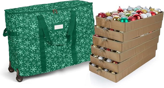 Covermates Keepsakes Rolling Adjustable Ornament Storage Bag – Heavy-Duty Polyester, FlexGrid Trays & Padded Dividers – Protective Holiday Organizer with Wheels, Handles & ID Window, Green Snowflake by Covermates