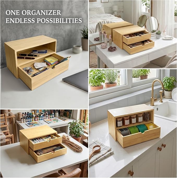 Bamboo Desk Organizer with 2 Drawers, Wood Storage Box for Office Supplies | Solid Tabletop Drawer Chest, 13.4 x 7.1 x 7.5 in, No Assembly - Fits Countertop, Vanity, Dorm and Small Spaces - Image 6