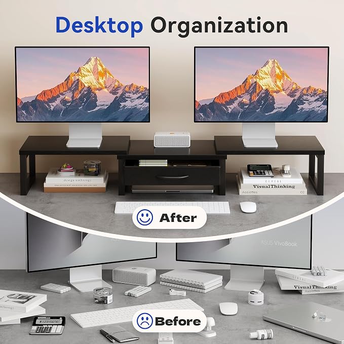Dual Monitor Stand Riser, Desk Organizers and Accessories with Drawer, Computer Monitor Stands for Desk, Adjustable Desktop Shelf for PC Laptop Printer TV, Black - Image 3