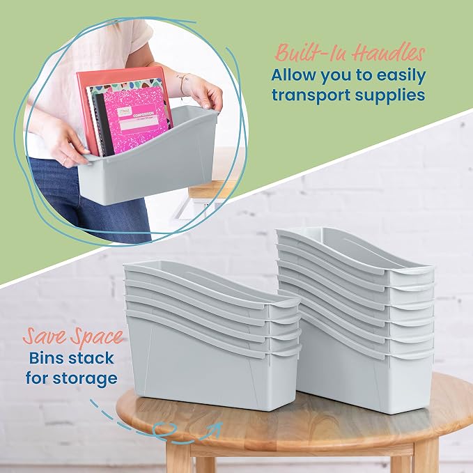 ECR4Kids Linking Plastic Storage Book Bin, Multipurpose Organization, Light Grey, 10-Piece - Image 4