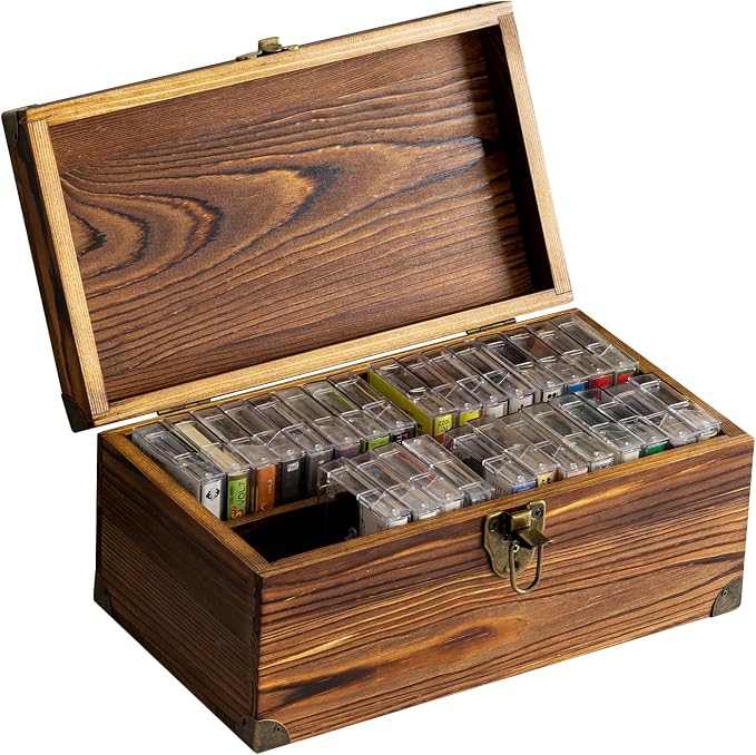 MyGift Rustic Dark Brown Wood Retro Audio Cassette Tape Storage Box with Antique Brass Tone Metal Latch and Brackets, 4 Compartments Hold up to 32 Tapes by MyGiftHome