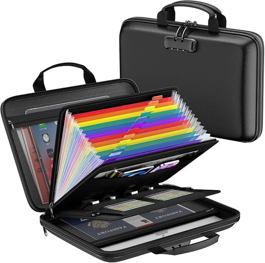 Fireproof File Organizer with Lock, Hard-Shell Document Box, Black | Water Resistant, 13-Pocket Expanding Folder, Portable Safe Storage for Letter Legal Files, Laptop, Valuables, Large Capacity by ZOOPIP