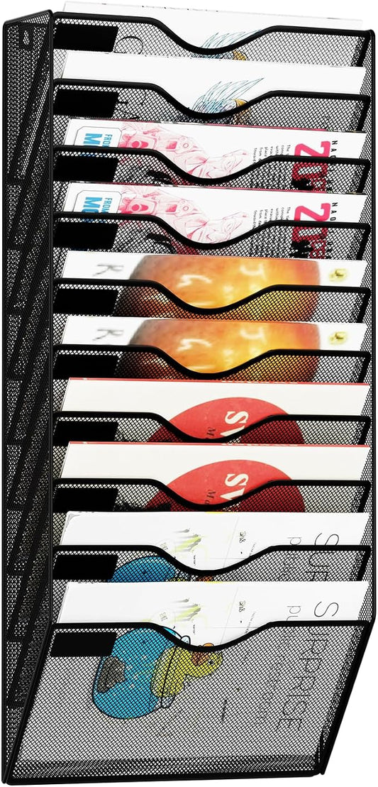 10 Pockets Hanging Wall File Organizer Mail Holder, Wall Mounted Paper Document Folder Holder, Clipboard Storage Organization Magazine Rack, Black by GDINDINFAN