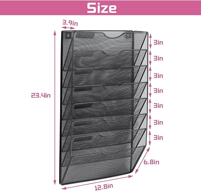 8 Pockets Mesh Wall File Holder Organizer Office Hanging File Folder Magazine Rack, Nametag Label Hooks Set Included (Black) - Image 2