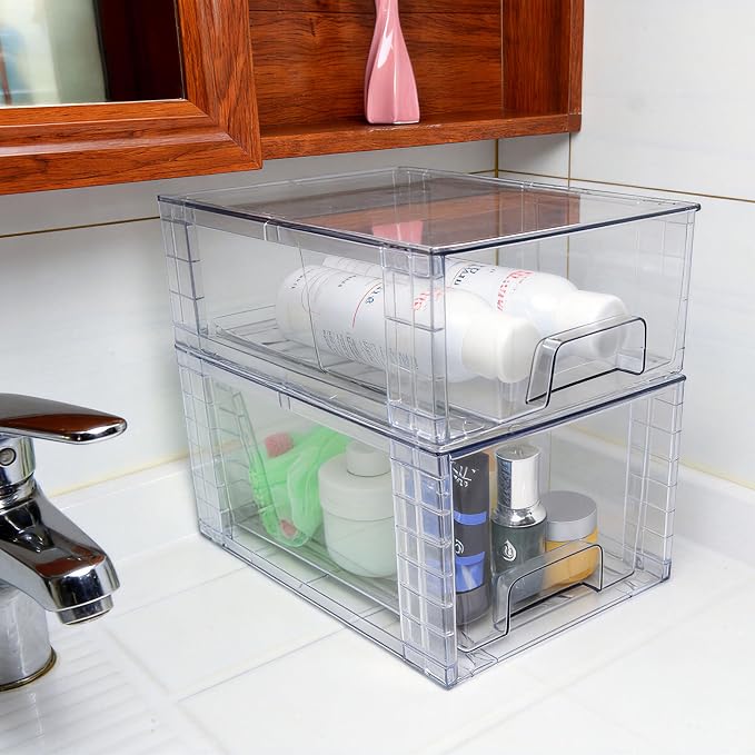 Clear Stackable Acrylic Storage Drawers(4 Pack), Plastic Organizer Bins with Handles, Easy Assembly for Bathroom Kitchen Pantry Cabinet Under Sink Snack Home Storage Solutions - Image 7