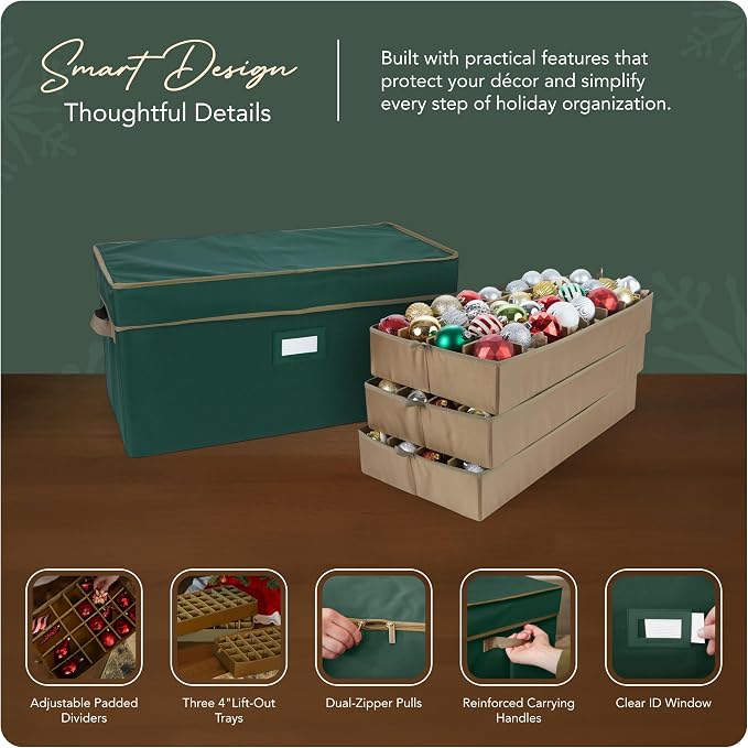 Covermates Keepsakes Adjustable Ornament Storage Box – Heavy-Duty Polyester, Padded Dividers & FlexGrid Trays – Protective Holiday Organizer with Stackable Walls & Label Window, Green - Image 4