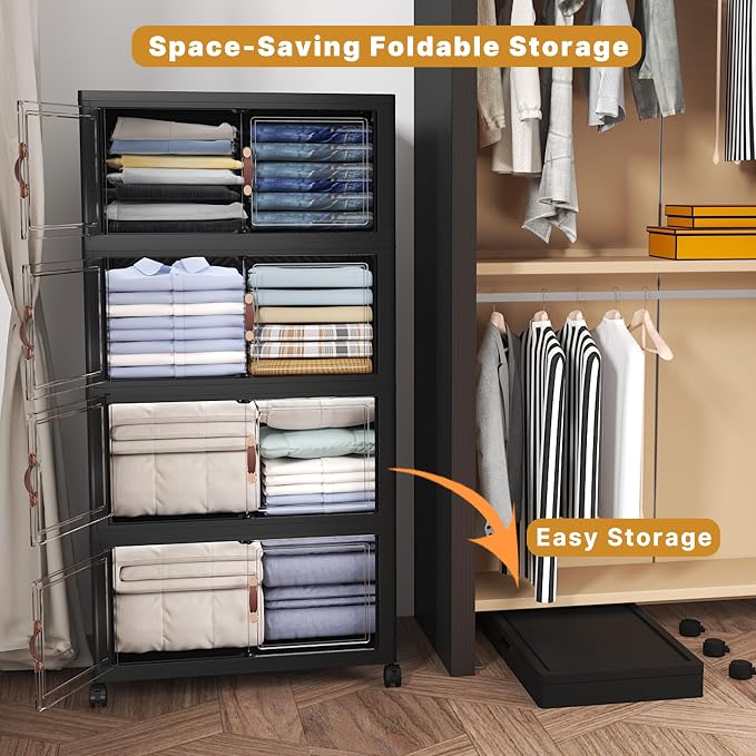 480QT Stackable Storage Bins with Lids, Doors & Wheels | Closet Organizers and Storage Cabinet , Lockable Plastic Foldable Drawers for Bedroom Dorm Office Garage（120QT*4,Black） - Image 4
