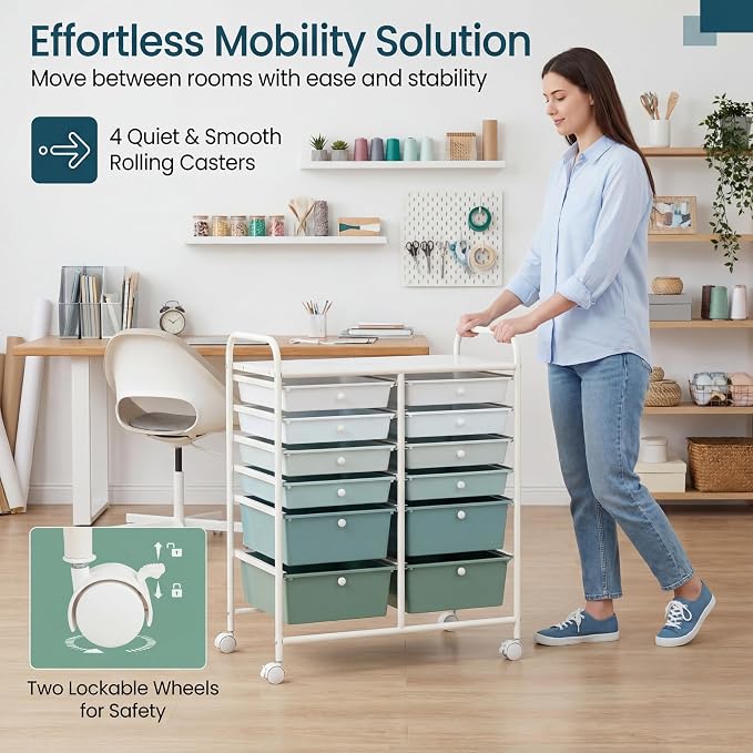 COSTWAY 12-Drawer Rolling Storage Cart, Moveable Art Craft Organizer | Lockable Wheels, Metal Shelf, Files Arrangement Tools Makeup Storage Cart for Office, Home, School (Green Gradient) - Image 5