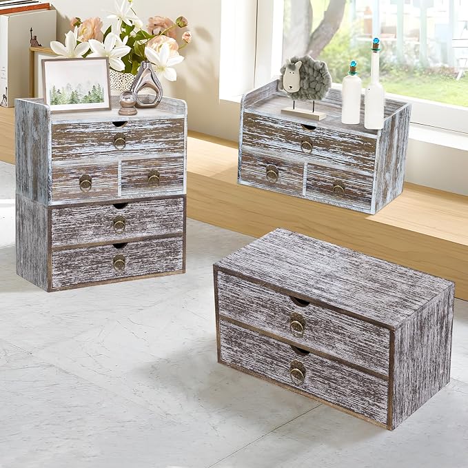 Wood Desk Organizer with Drawer, Washed Brown Wooden Desktop Organizer, Tabletop Storage Organization Box for Countertop, Home Office Supplies (3 Drawer and Shelf) - Image 9