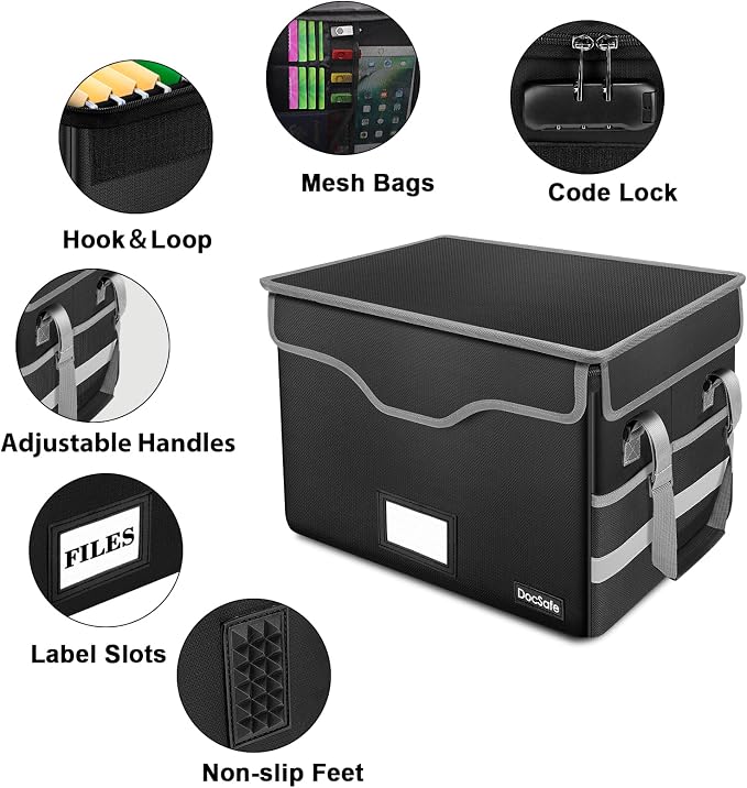 DocSafe Fireproof Document Box with Lock,File Storage Organizer with Pockets,Collapsible Portable File Box Home Office Safe Filing Cabinet with Handle for Hanging Letter/Legal Folders,Black,2 Pack - Image 5