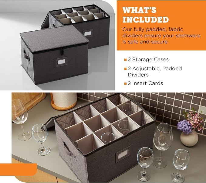 Wine Glass Storage Cases | Hard Shell Felt Dividers | 2 Pack | 2-Pack - Each Hard Shell Case Holds 12 Wine Glasses In 4x4 Felt Compartments. Stackable, Top-Load. 24 Glasses Total. - Image 3