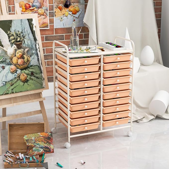 GOFLAME 20-Drawer Rolling Storage Cart, Multifunctional Art Craft Organizer Cart, Mobile Utility Storage Cart with Removable Drawers & Lockable Wheels, Craft Cart for Home Office, Peach Fuzz - Image 7
