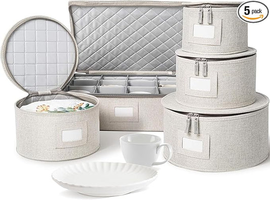 China Storage Containers, Containers for Organizing, Hard Shell Case, Felt Plate Dividers, Moving Supplies, Storage Box, Wine, Dishes, Glasses Storage, Charger Plates Storage Containers | 5-Piece Quilted Set For 12 - 4 Plate Cases + Mug Case. Soft Quil... by storageLAB