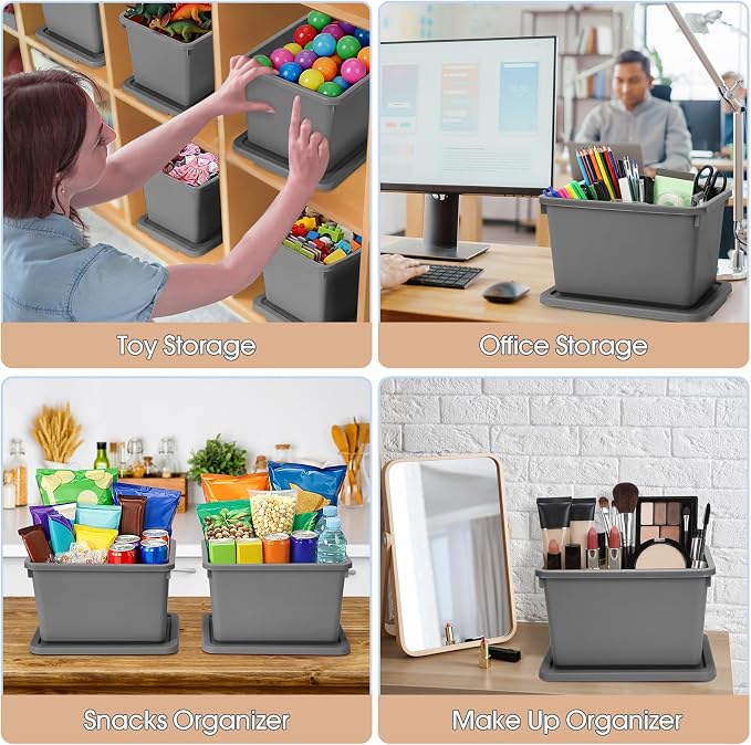 Potchen 6 Pcs Pack Small Stackable Storage Bins with Lids Plastic Storage Boxes for Classroom 9.8" ×7.3" ×5.7" Decorative Organizer Bins for Craft Art Office Teacher Supplies (Grey) - Image 4