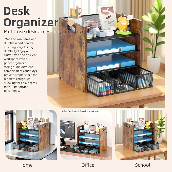 Desk Organizer - 4 Tier Desktop File Organizer with Drawer, Wooden Paper Tray Organizer, Office Desk Accessories Organizer for Papers, Mail, Notebooks, Stationery - Image 7