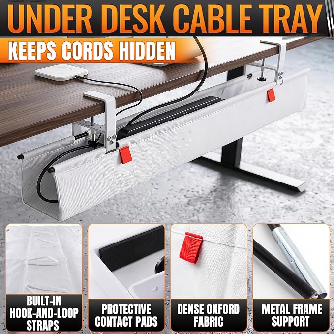 Under Desk Cable Management Tray 36" — No Drill Clamp-On Cord Organizer for Desk with Built-in Ties, Heavy Duty Metal Clamp, Foldable 600D Oxford Fabric for Home Office, WFH & Gaming PC Setup (White) - Image 3