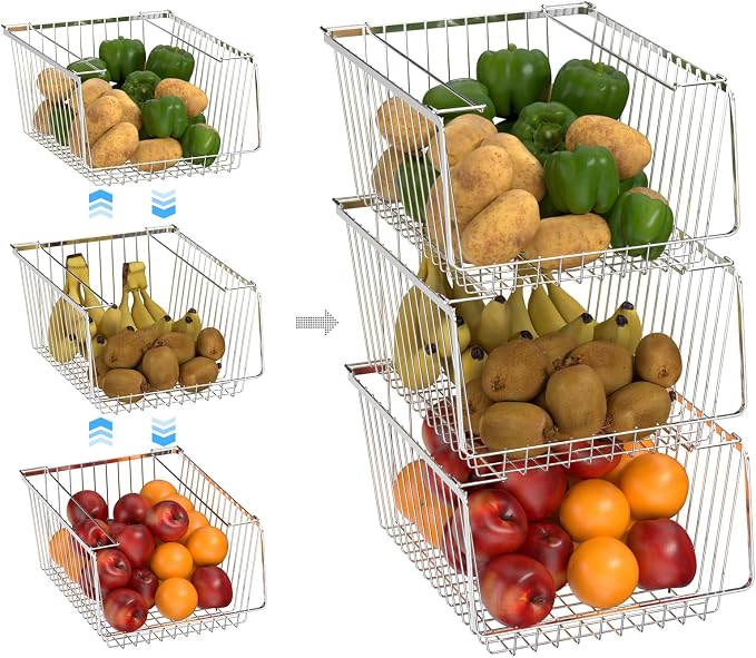 Wire Storage Baskets Stackable Organizer Basket Bins Stacking Household Wire Baskets with Handles Storage Organization for Kitchen, Pantry, Bathroom, Cabinets, Closets, Bedrooms, Set of 2 - Image 5