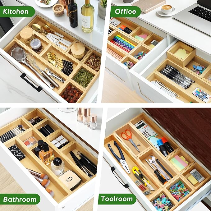 MapleGrace Bamboo Drawer Organizer Set, 9 PCS Wood Storage Organizers | Multi-Use Junk Drawer Divider, Storage Trays Containers for Kitchen, Bathroom, Office Desk, Makeup, Jewelry, Utensils - Image 5