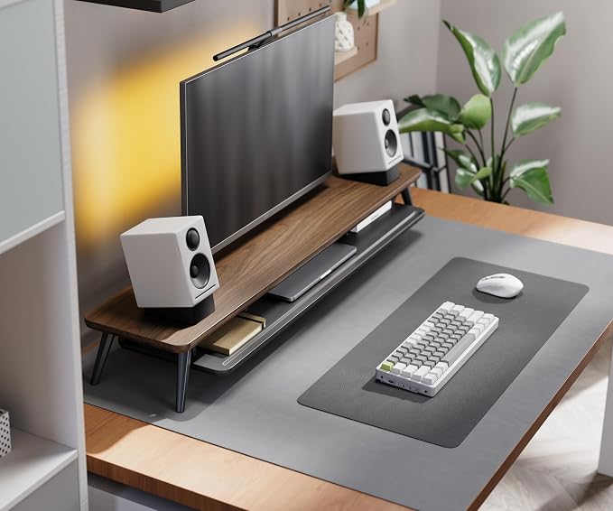 Fenge Dual Monitor Stand Riser, Wooden Desk Shelf with 2-Tier Storage | 42.5-Inch Wide, Sturdy Aluminum Legs, Built-In Phone & Tablet Slot, Desktop Organizer for Office Accessories - Image 6