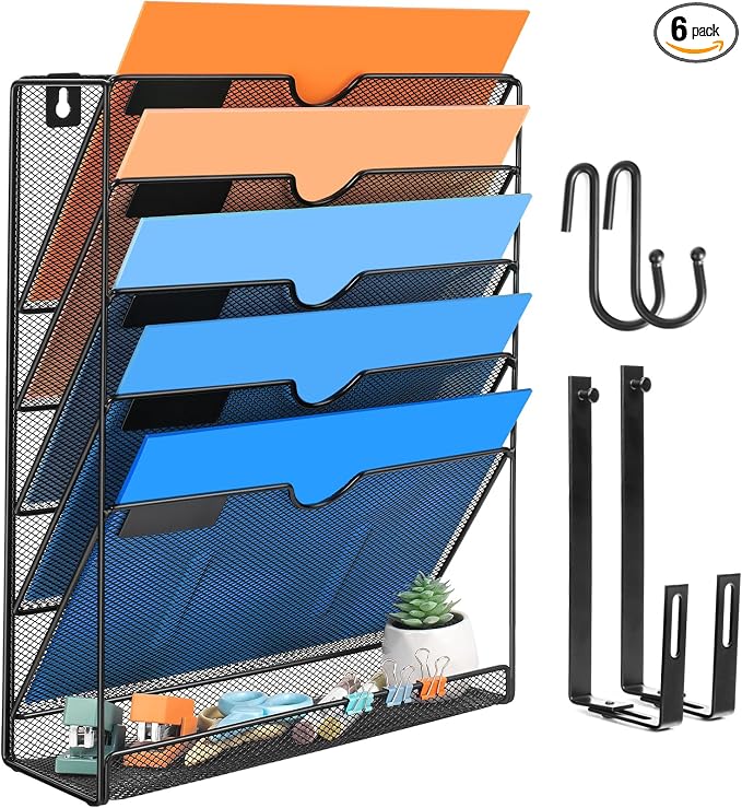 Wall File Organizer, 6 Pockets Mesh Hanging File Organizer | Wall Mount File Paper Folder Holder With Hooks, Wall Organizer Magazine Document Mail for Office School, Black by Lemonsea
