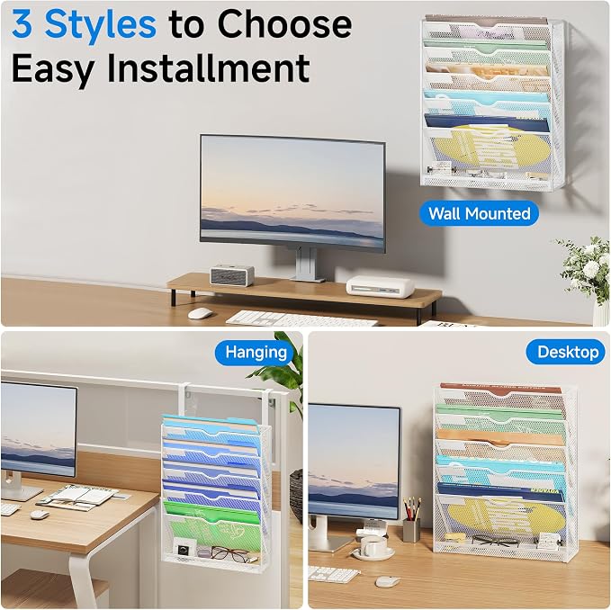 Lavatino 6-Tier Hanging File Organizer with Hooks – No Installation Needed, Wall-Mounted File & Magazine Organizer for Office and Home (White) - Image 4