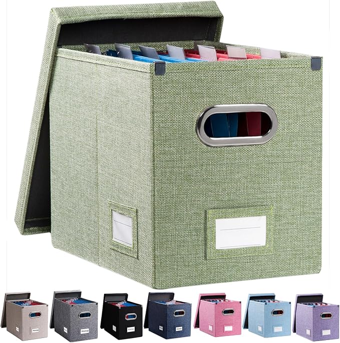 File Organizer Box - Set of 1 Collapsible Decorative Linen Filing Storage Hanging File Folders with Lids Office Cabinet Letter Size Green (14x9.3x10.8 inch) by Prandom