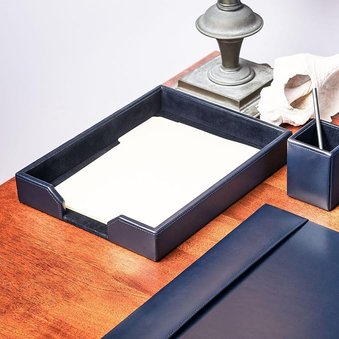 Dacasso Navy Blue Bonded Leather Luxury Letter Tray Holder & Paper Organizer for Desk - Executive Desk Decor & Office Organization Essential - Image 5