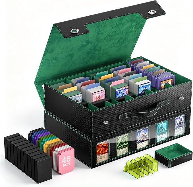 MoKo Trading Card Storage Box for MTG, 3900+Capacity, Black Green | Card box with Dice Tray, Commander Display & Handle, Top Loaders Organizer Case, For Magic Game, TCG PTCG Sport Cards by MoKo