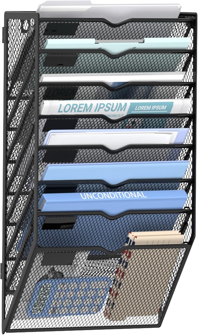 8-Tier Wall File Organizer and Hanging File Organizer, Black | Wall Organizer and Wall Mounted File Holder with 8 Pockets and Label Panels for Files, Mail, Folders, Magazines and Paper by JMHUD