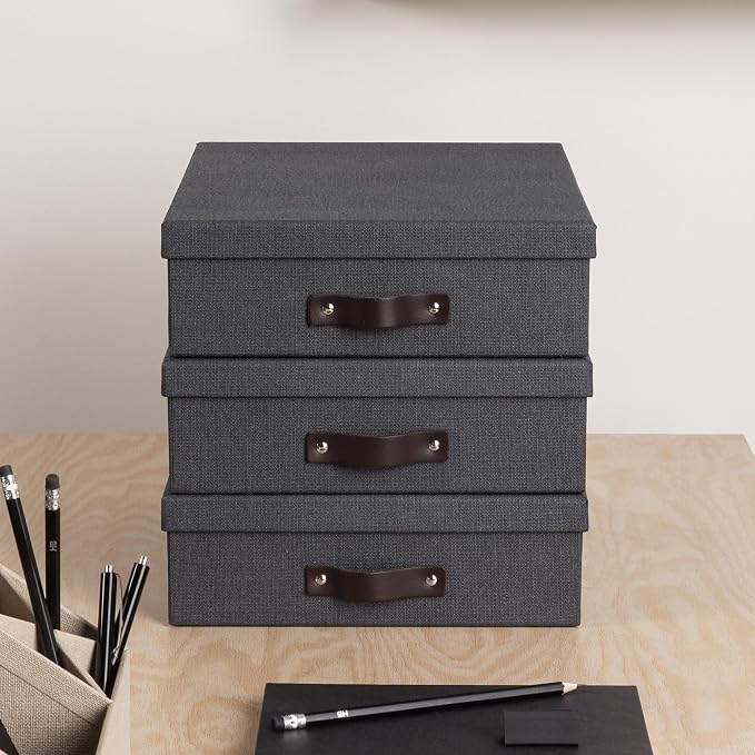 Bigso Oskar Canvas Fiberboard Document Letter Box for Important Paperwork A4 or Letter Size - Durable Keepsake Box with Lid and Leather Handle - 3.3in x 10.2in x 13.8in - Black - 3 Pack - Image 5