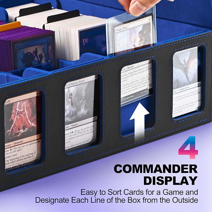 UAONO Trading Card Storage Box with Commander Display, Black Blue | 2400+ Deck Box for MTG with Removable Cover, Top Loaders Card Case Fits Magic TCG PTCG Sports Cards, 24 Dividers, 4 Stoppers - Image 2