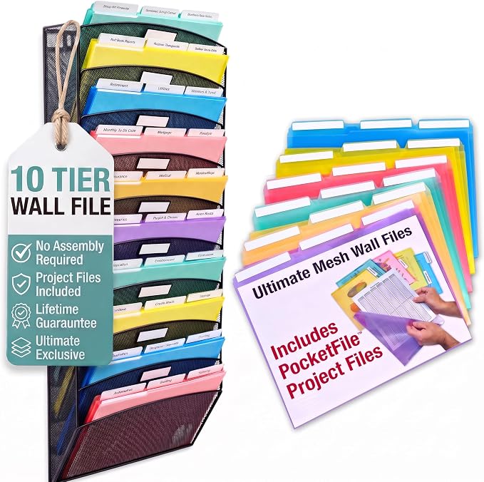 Ultimate Office Mesh Hanging Wall File Organizer, 10 Tier + 18 PocketFiles | Vertical mount hanging file sorter and display rack; includes 18 3rd-cut PocketFile clear document folders by UltimateOffice