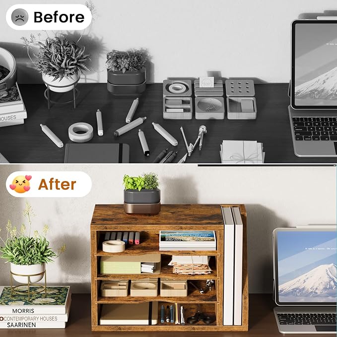 Wooden Mail Organizer, Desk Organizer with 3 Adjustable Shelves | Mail Sorter, File Organizer Desktop, Mail Holder for Home Office, Letter Sorter for Envelopes, Bills, Magazines, Rustic Brown - Image 6
