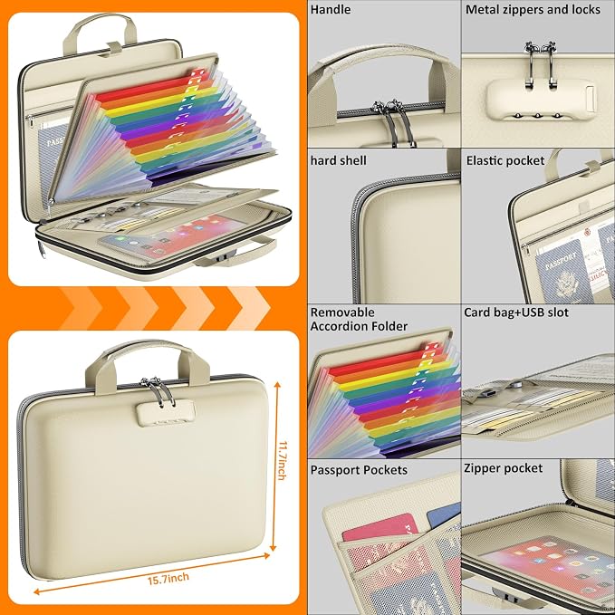 Tamfile Fireproof File Organizer with Lock,Hard Case Fireproof Document Box | 13 Colour Pockets Accordion File Folder, Office Home Important Document Organizer for Letter A4 Files Laptop Passports,Beige - Image 5