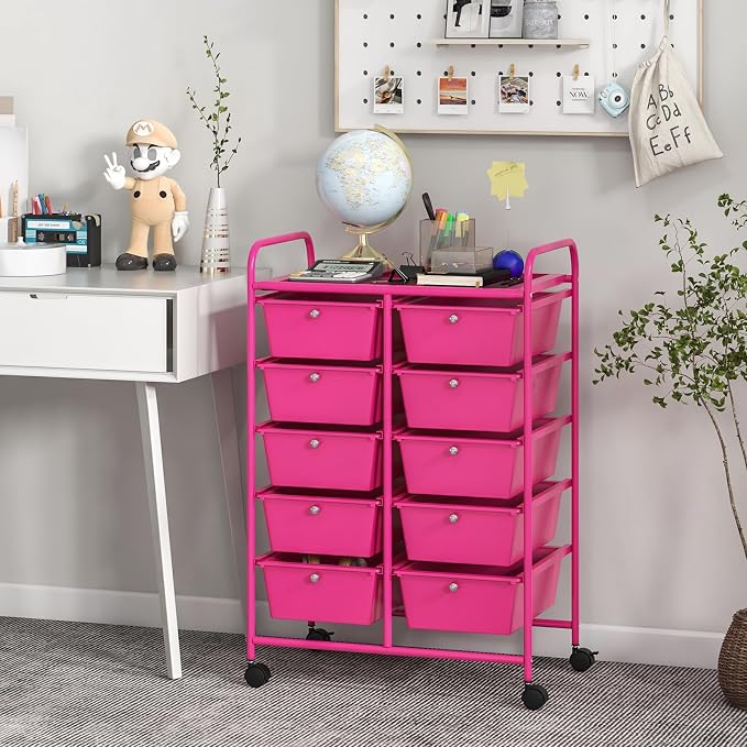 Giantex 10 Drawers Rolling Cart, Classroom Organizers, Storage Cart with Wheels, for Teacher Office Home School Supplies Tool Craft Art Paper, Hot Pink - Image 2